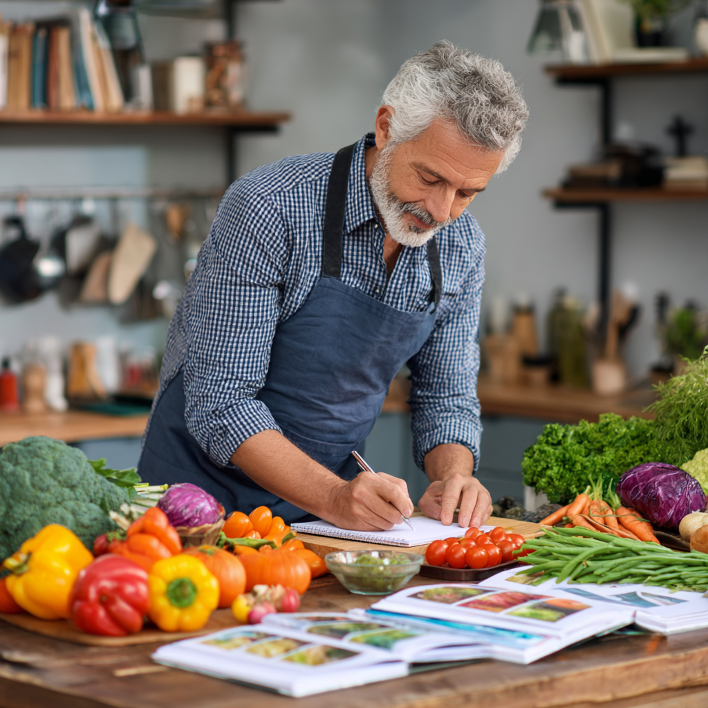 mature adult organizing colorful fresh meals and nutrition planning materials